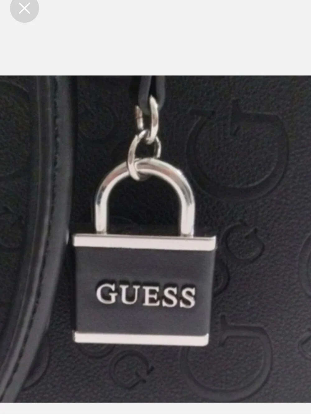 G By Guess Square Black Embossed Logo Leather Tote with Silver Lock Charm